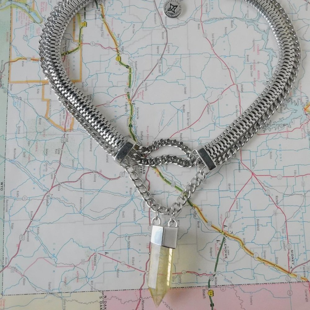 BCBG chunky silver necklace with crystal pendant